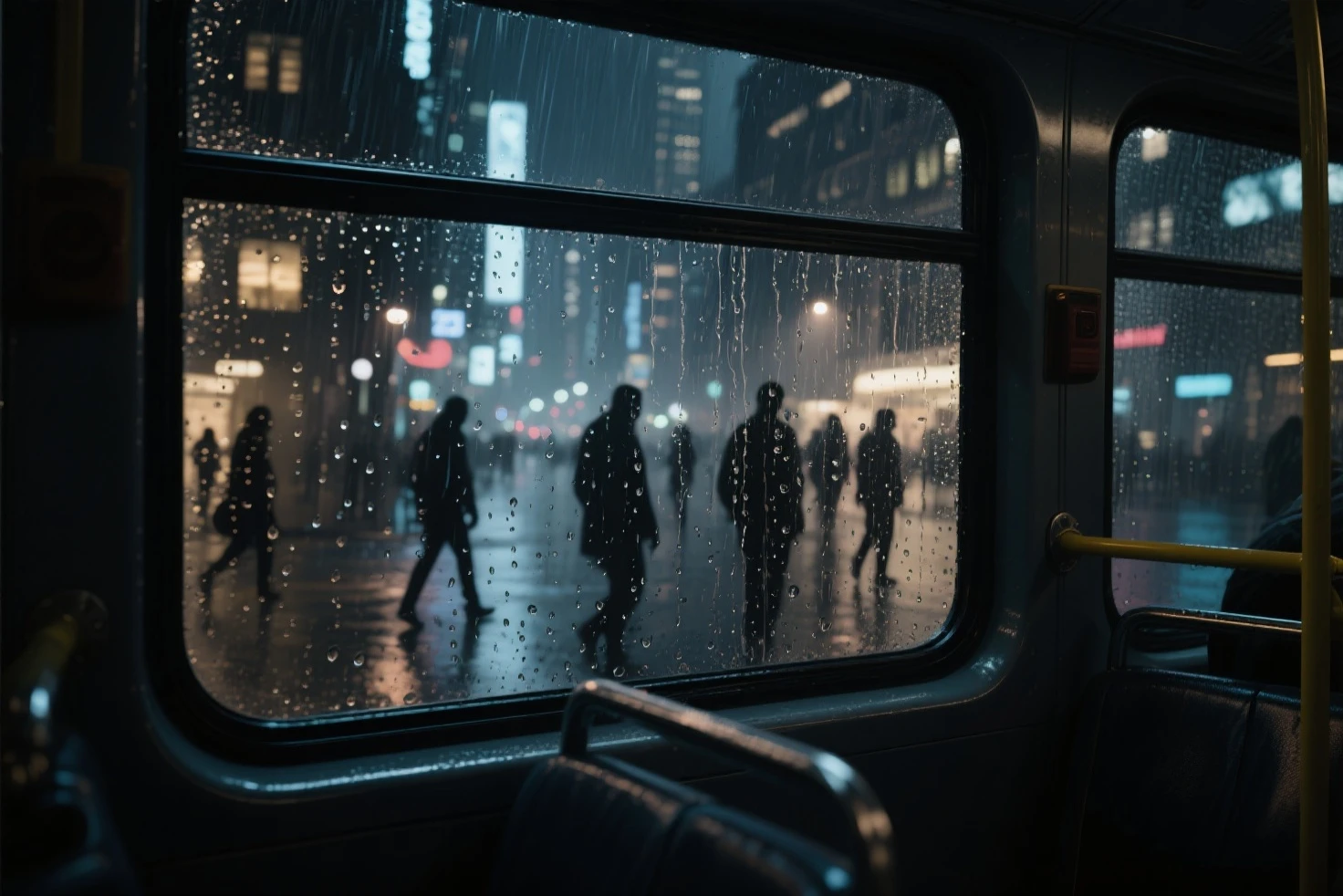 ((masterpiece, highest quality, Highest image quality, High resolution, photorealistic, Raw photo, Extremely detailed CG unified 8k wallpaper)), 
((rain-soaked window, city night view from the bus window, rain-soaked night view, water droplets running down the window glass, dark interior of the car, silhouettes of people walking in the city: 1.3)), 