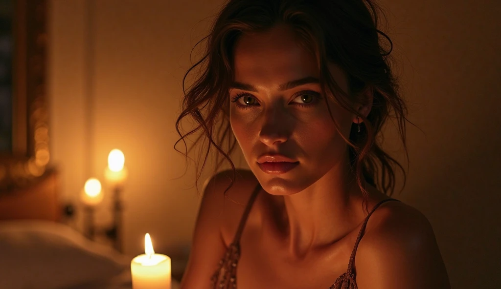 (32K:1.5, Highest quality, masterpiece, Ultra-high resolution), Professional camera work:1.6, Highly detailed skin and face textures:1.3, Captivating portrait:1.3, Very accurate, Very detailed, 1 adult female, ((Amazing night view from the rooftop, The moonlight at night illuminates my body)), (Satin Nightgown:0.5), Incredibly slim body, Fair skin, elegant features, Expressions of sadness, (Big eyes that exude beautiful eroticism:0.8, Sad expression:1.0, I love you with all my heart:0.8, Open your mouth a little, lipstick, Feel the beautiful eroticism:0.8), (Wet dark brown medium length hair), Candles, The chest is medium, Earrings, necklace, bracelet, romantic, mysterious, Tilt, Sensual sitting position, ((Adult charm, Feminine charm, Hair blowing in the wind))