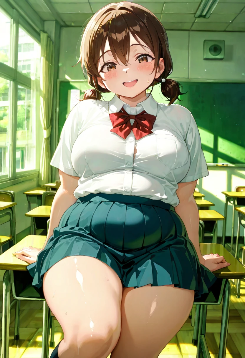 Smooth Quality+, best quality, detailed, masterpiece, CINEMA Quality, hyper-detailed anime style, hyper-detailed lighting, best quality, very aesthetic, anime style, anime_coloring, anime_screencap, source_anime, anime style, dynamic pose, dynamic angle, make the facial expression more natural, adjust the body posture, anime screencap, honoka hara, short hair, brown hair, hair between eyes, brown eyes, low twintails, short twintails, plump, chubby body, thick arms, thick thighs, fat rolls, fat, fat rolls, (small belly), skirt, shirt, school uniform, white shirt, pleated skirt, collared shirt, sweatdrop, blue skirt, pocket, shirt tucked in, solo, looking at viewer, ((silly smile)), classroom, solo, (8K),(absurdres),(crisp quality),(rich contrast),(sharp focus),(best quality),(high resolution),(Looking delighted),(masterpiece),(detailed face),(illustration),(ultra detailed),(rich contrast),(a best quality illustration),(a masterpiece of a woman with ultra detailed features, in 8K resolution, with crisp quality and vibrant colors),(detailed eyes),(perfect eyes),(ultra detailed eyes),((nice hands)),((perfect hands)),((gleaming skin)),((shiny skin)),((best quality)),((high resolution)),((ultra-high resolution)),((masterpiece)),((ultra detailed)),((illustration)),((an extremely delicate and beautiful))((detailed face)),((perfect eyes)),((4k,8k,Ultra HD)),((Masterpiece :1.2)),((Best quality :1.2)),((Detailed :1.5)),((Detailed background :1.5)), (High Resolution), (More Details), (8K), (High Resolution)