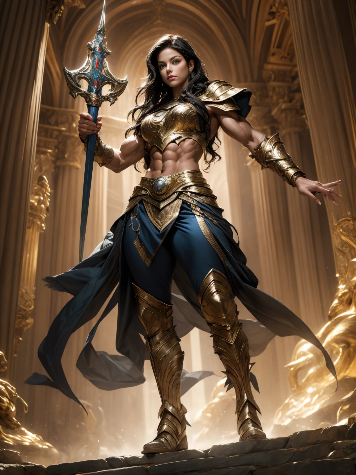 High Quality, Close-up, Fantasy Art, Chiaroscuro, Holy Paladin, Holy Temple background, Gleaming Light-Infused Sword, Radiant Light Magic, Angelic Expression, Sunlit Ambience, Majestic Art Style, Divine Effects, Halo, Armor details, Gleaming Armor, Ornate Details, Stained Glass Windows, Pious Aura, Angelic Figures, Enchanting Landscape, Camera Angle from Below, Canon 135mm Lens, Epic Detail Level, Vibrant Colors, Inspired by Gustave Doré, Raytraced Rendering, 8K Resolution, Golden Ratio Composition