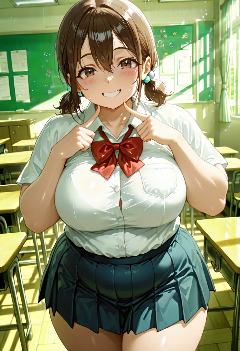 Smooth Quality+, best quality, detailed, masterpiece, CINEMA Quality, hyper-detailed anime style, hyper-detailed lighting, best quality, very aesthetic, anime style, anime_coloring, anime_screencap, source_anime, anime style, dynamic pose, dynamic angle, make the facial expression more natural, adjust the body posture, anime screencap, honoka hara, short hair, brown hair, hair between eyes, brown eyes, low twintails, short twintails, plump, chubby body, thick arms, thick thighs, fat rolls, fat, fat rolls, (small belly), skirt, shirt, school uniform, white shirt, pleated skirt, collared shirt, sweatdrop, blue skirt, pocket, shirt tucked in, solo, looking at viewer, ((silly smile)), classroom, solo, (8K),(absurdres),(crisp quality),(rich contrast),(sharp focus),(best quality),(high resolution),(Looking delighted),(masterpiece),(detailed face),(illustration),(ultra detailed),(rich contrast),(a best quality illustration),(a masterpiece of a woman with ultra detailed features, in 8K resolution, with crisp quality and vibrant colors),(detailed eyes),(perfect eyes),(ultra detailed eyes),((nice hands)),((perfect hands)),((gleaming skin)),((shiny skin)),((best quality)),((high resolution)),((ultra-high resolution)),((masterpiece)),((ultra detailed)),((illustration)),((an extremely delicate and beautiful))((detailed face)),((perfect eyes)),((4k,8k,Ultra HD)),((Masterpiece :1.2)),((Best quality :1.2)),((Detailed :1.5)),((Detailed background :1.5)), (High Resolution), (More Details), (8K), (High Resolution)