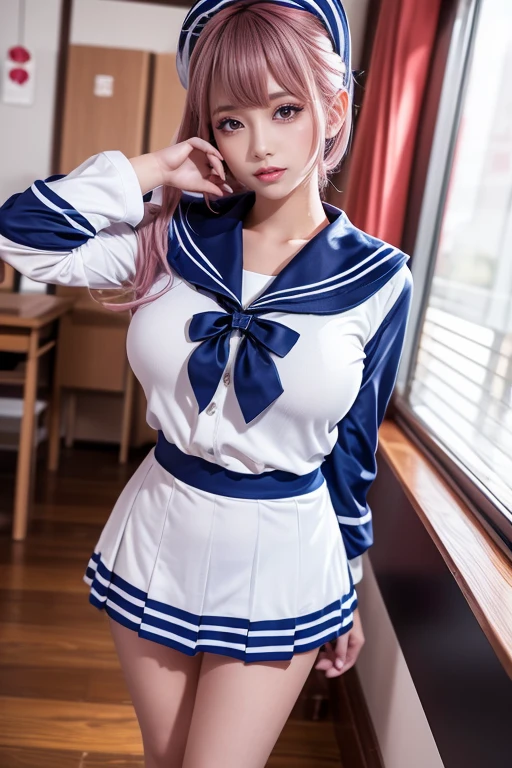 1girl,An 22-year-old young woman with long light purple hair wearing a sailor suit is sitting in the classroom (school 1.5 in the background), (serious expression, cold 1.5) (highest quality: 1.1) (masterpiece: 1.3) with an unparalleled masterpiece, surreal 8k, perfect artwork, Super detailed, highest quality, masterpiece 4K wallpaper aesthetics, masterpiece, award-winning artwork, official art, cinematic lighting, medium breasts, realistic proportions, good anatomy, (realistic, hyperrealistic:1.4), good eyes, light foggy milk white interior without windows background