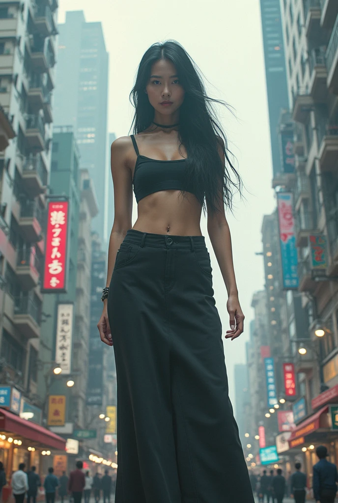 A girl, obito uchiha: female version, one girl short black hair, hands in pockets, cyberpunk style clothes, gazing at viewer. work of art, アニメ, realisitic, a futuristic city in the background.
