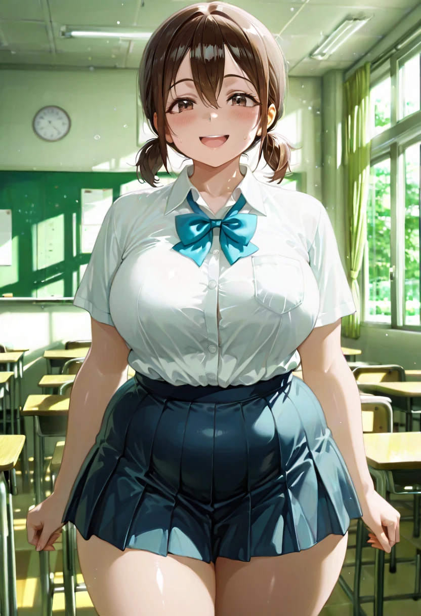 Smooth Quality+, best quality, detailed, masterpiece, CINEMA Quality, hyper-detailed anime style, hyper-detailed lighting, best quality, very aesthetic, anime style, anime_coloring, anime_screencap, source_anime, anime style, dynamic pose, dynamic angle, make the facial expression more natural, adjust the body posture, anime screencap, honoka hara, short hair, brown hair, hair between eyes, brown eyes, low twintails, short twintails, plump, chubby body, thick arms, thick thighs, fat rolls, fat, fat rolls, (small belly), skirt, shirt, school uniform, white shirt, pleated skirt, collared shirt, sweatdrop, blue skirt, pocket, shirt tucked in, solo, looking at viewer, ((silly smile)), classroom, solo, (8K),(absurdres),(crisp quality),(rich contrast),(sharp focus),(best quality),(high resolution),(Looking delighted),(masterpiece),(detailed face),(illustration),(ultra detailed),(rich contrast),(a best quality illustration),(a masterpiece of a woman with ultra detailed features, in 8K resolution, with crisp quality and vibrant colors),(detailed eyes),(perfect eyes),(ultra detailed eyes),((nice hands)),((perfect hands)),((gleaming skin)),((shiny skin)),((best quality)),((high resolution)),((ultra-high resolution)),((masterpiece)),((ultra detailed)),((illustration)),((an extremely delicate and beautiful))((detailed face)),((perfect eyes)),((4k,8k,Ultra HD)),((Masterpiece :1.2)),((Best quality :1.2)),((Detailed :1.5)),((Detailed background :1.5)), (High Resolution), (More Details), (8K), (High Resolution)
