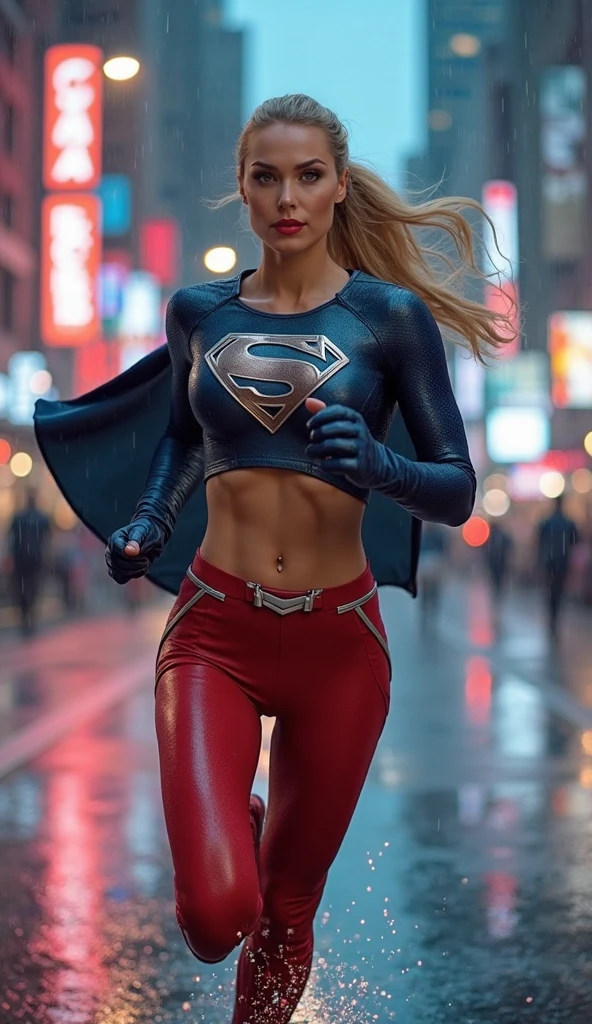 a beautiful blonde girl with long hair and blue eyes, supergirl, full body pose, standing in an urban city, detailed face and eyes, detailed clothing, intricate details, (best quality,4k,8k,highres,masterpiece:1.2),ultra-detailed,(realistic,photorealistic,photo-realistic:1.37),HDR,studio lighting,ultra-fine painting,sharp focus,physically-based rendering,extreme detail description,professional,vivid colors,bokeh,concept art