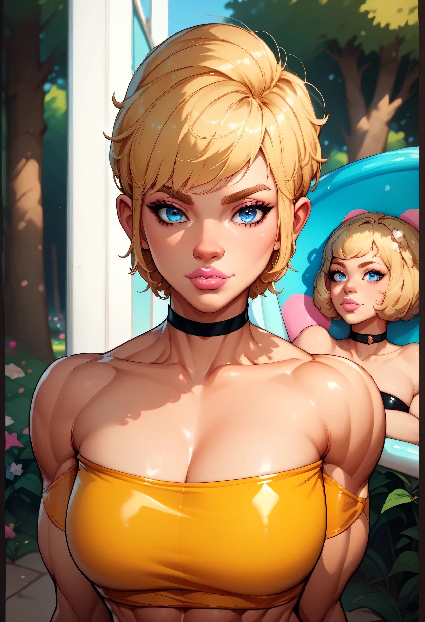 (Short Hair) ((Blonde Hair)) (Perfect Face) (Beautiful) (Female Muscles) ((Women)) (Perfect Body) (Black Mini Tube Top, Mini Tube Top) (Black Choker) (Brown Thin Eyebrows, Blue Eyes) (Nose, Lips, Pink Lips) (Park Happy, Trees, Flowers) (Arms Behind Back)