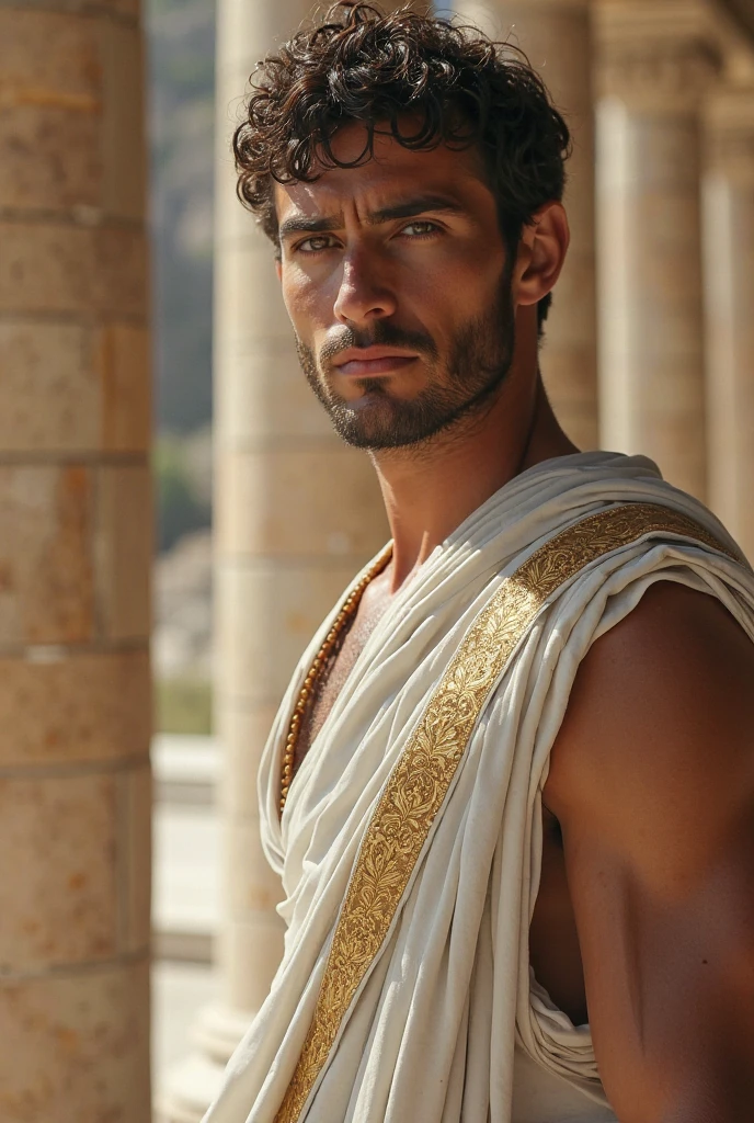 A male stoic philosopher stands in a serene, sunlit courtyard, surrounded by ancient marble columns. He has a well-proportioned and attractive physique, not excessively muscular, wearing a classic, slightly transparent tunic that drapes gently over his body, subtly revealing his shoulder. His tanned skin complements his striking features. With a short, well-groomed beard and wavy, stylized hair, he gazes thoughtfully into the distance. The scene is captured in a medium shot with a Canon EOS R5 and Sigma 50mm f/1.4 DG HSM Art Lens, rendering a highly detailed, photorealistic image in 8K resolution using Octane Render.