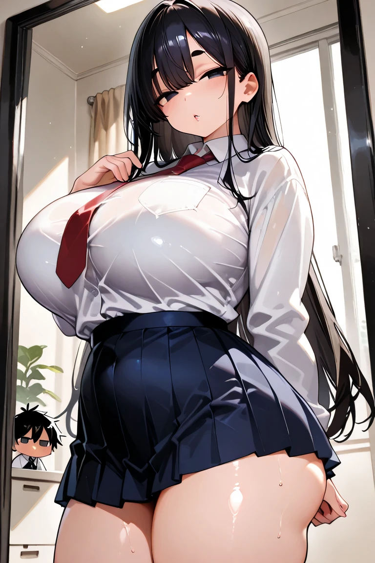 masterpiece、Highest quality、Best image quality、High resolution、Huge breasts、、School-Uniform、Red tie、Summer clothes、Black Hair、Dark Eyes、Long Hair、In the classroom、An empty classroom、Panic、I&#39;m surprised