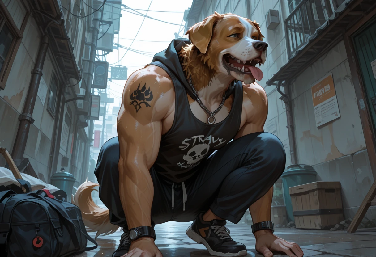 Male Doberman、Back Alley Background、Sitting on the rubble、Very dirty back alley、Hands touching the crotch、Hands on crotch pose、Very long red armpit hair、Very long chest hair、Very long pubic hair、Very long belly hair、Completely naked、Very wet body、Doberman Colors、Naked Doberman、Doberman pattern、Very beautiful abs、Developed muscles、Golden big eyes、Sharp toenails,、paw pads on soles of feet
