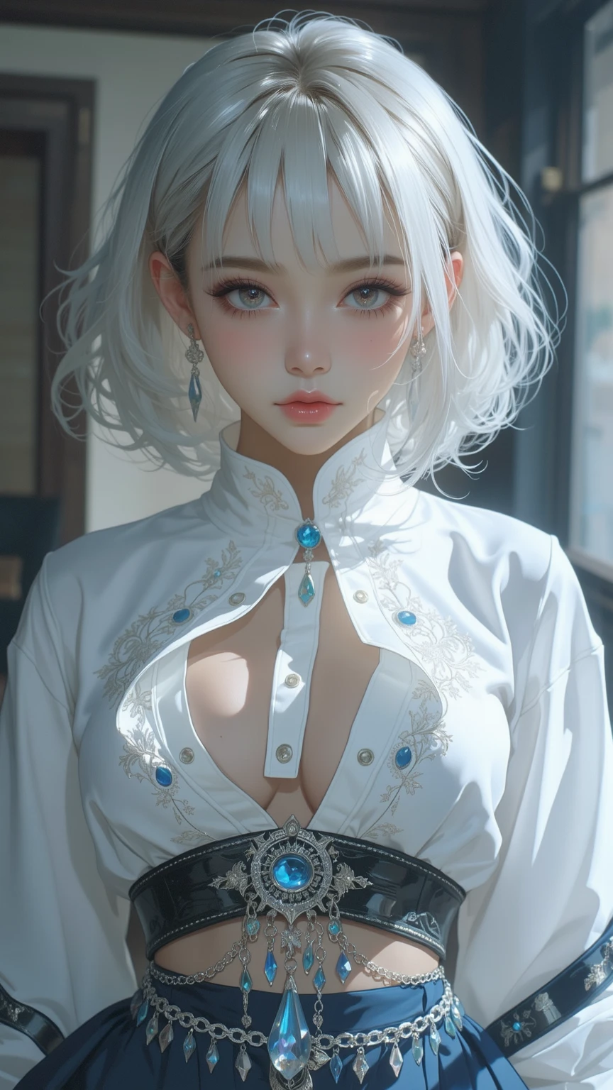 silver hair,masterpiece, highest quality, 8k, beautiful face,very detailed,超High resolution, realistic, High resolution, ,Lens flare, (top knot bun:1.5),(Same makeup for both eyes:1.5),perfect face,realistic eyes, detailed lightでg,dressed, detailed shadow, (closed my eyes:0.9),no makeup,((I can see your nipples)), ((erect nipples)), (Female dog),