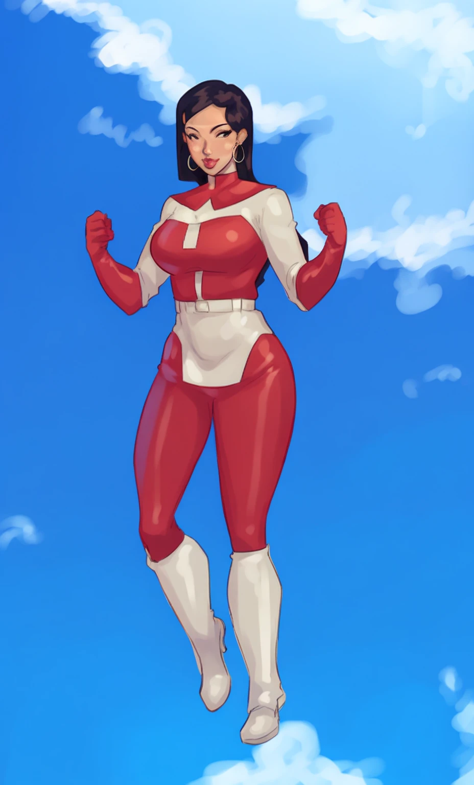 Stretcher comic book woman, happy, smiling, long hair, huge ponytail, slim, thin, athletic, womanly, rubbery, elastic woman, white and red spandex, rubber body, brunette, ((huge breasts)), city street, daytime, heroic, cheerful,