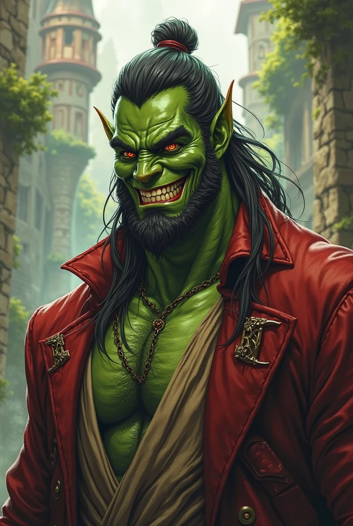 Large Orc male, green skin, ultra detailed, detailed eyes, fat belly, long black hair, red eyess, muscular, in a evil castle