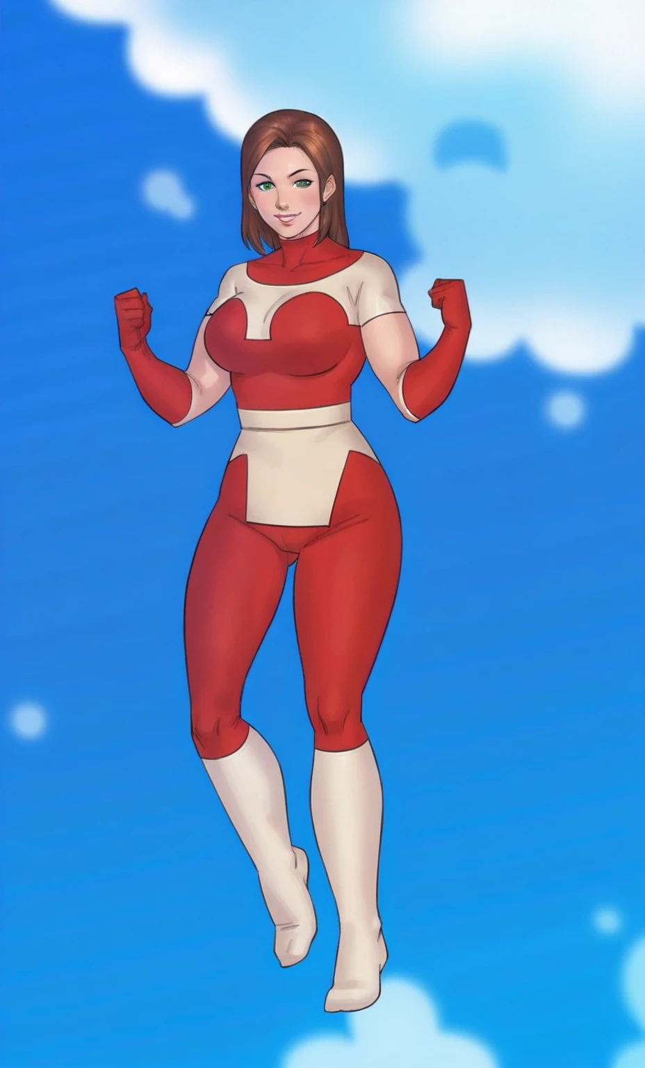 1girl, Stretcher the busty comic book woman, masterpiece, beautiful, high quality, high definition, superb quality, highly detailed, insane detail, sexy pose, posing for cameras, hands on hips, happy, smiling, hand on hip, long hair, huge ponytail, slim, thin, athletic, womanly, rubbery, elastic woman, (white and red spandex, white and red legs, tight top), rubber body, brunette, ((huge breasts, slim waist)), city, heroic, cheerful, (bold nose, hawkish facial features),