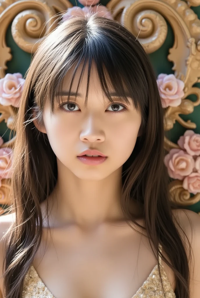 masutepiece、masutepiece、ultra-definition、accurate depiction、extremely high detail、8K picture quality、one girls、(18 year old pretty woman、18year old)、small head、Cute face、a blond、half up、Blue eyes、perfect glossy skin、((tre anatomically correct))、Perfect body:1.1、high-level image quality、​masterpiece、Look at viewers、(Sheer princess dress、Golden flower embroidery)、sexypose、Small breasts、the royal palace、Large stained glass windows、Enveloping her presence with delicate particles、Soft light、divine atmosphere、Photoreal Stick