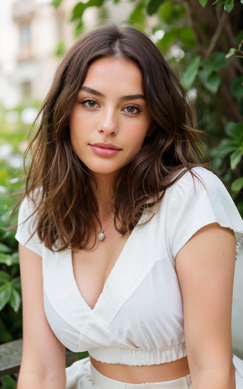 1 femme, Long Wavy dark brown Hair, dark brown eyes, nature, top, jupe courte, italie, medium brests