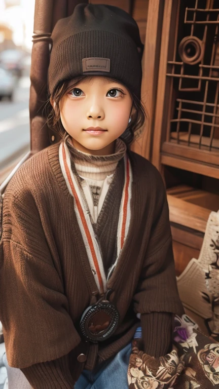 3-6 years old Chinese girl, wearing loose monk costume, facing the camera, blurring the background