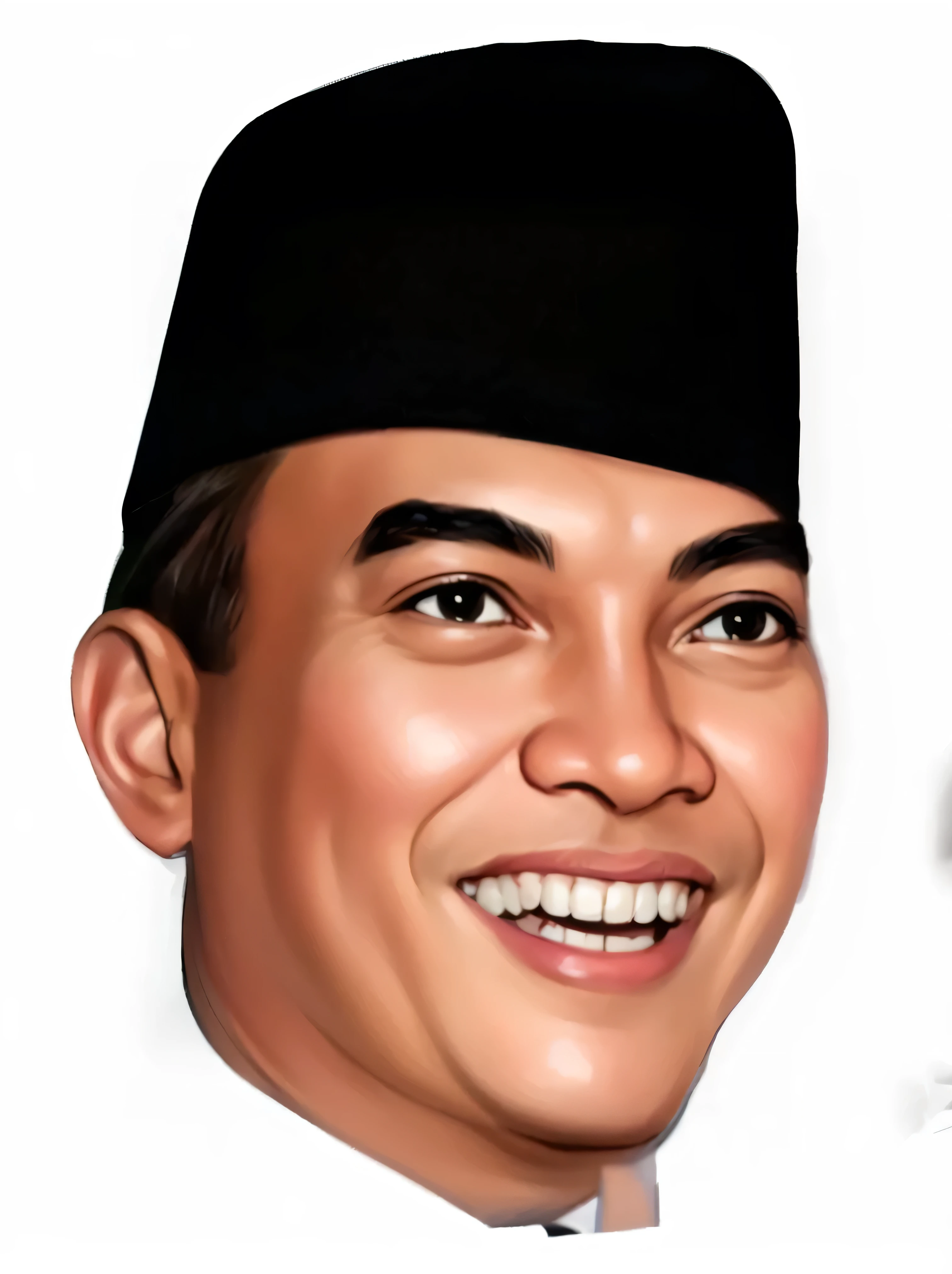a close up of a man Sukarno wearing a hat and smiling, inspired by Soekarno, President of Indonesia,, close up potrait, potrait, by I Ketut Soki, digital matt painting, ramil sunga, inspired by I Ketut Soki, caricature illustration, inspired by Oka Yasutomo, [ digital art ]!!, 3d portrait