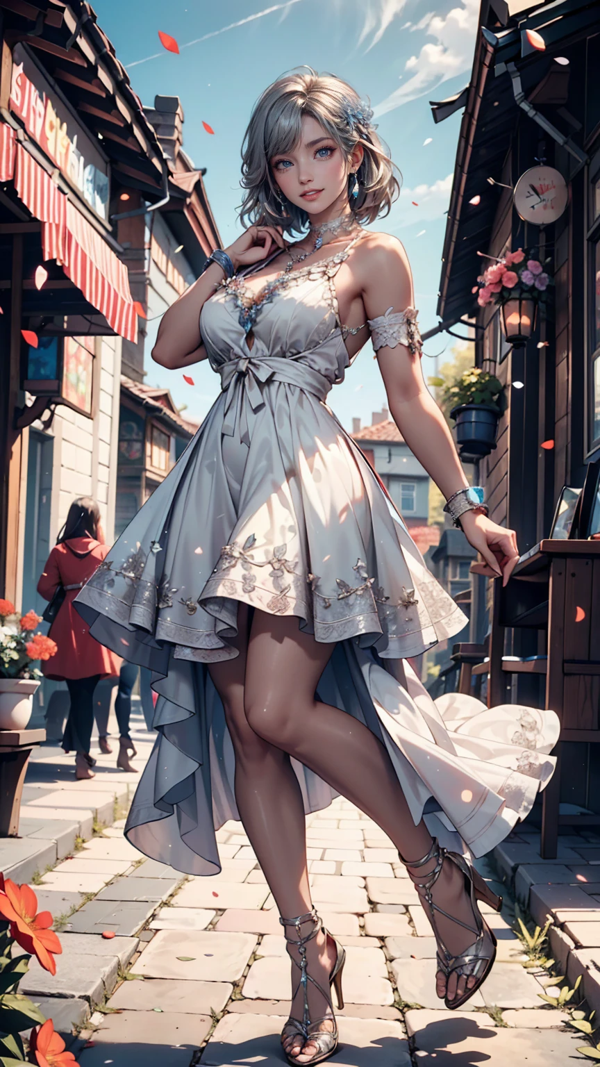 (Girl in a semi-transparent one-shoulder white miniskirt dress),(Rear view)、(look back)、 (フォトRealistic:1.4), (ハイパーRealistic:1.4), (Realistic:1.3), (Smooth lighting:1.05), (Cinematic Lighting Quality Improvements:0.9),. 32K, 1 Girl,20 year old girl, Realistic lighting, Backlight, Face light, Ray tracing, (Brightening light:1. 2), (Image quality improvement:1.4), (Highest quality realistic textured skin:1. 4),(Big Blue Eyes), Detailed drawn eyes、Detailed painted face、Fine textured eyes、(tired、sleepy、satisfaction:0.0)、A shirt that shows off a lot of cleavage、(Accentuates the body line:1.1)、(Beautiful textured skin:1.1)、(Red petals are flying)、(Black lace panties are visible)、Slim long legs、