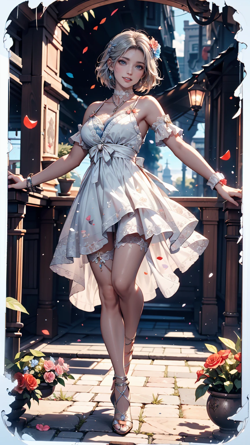 (top quality, masterpiece,best quality:1.2, high_resolution:1.2,ultra details:1.2,extreme quality,sharp focus,highres, soft lighting,best quality,hyper detailed), (1girl, solo, white hair, short layers hair, heavy makeup, blush:1.2, grunge style, (big breasts:1.2), looking at viewer), (pornographic, (short dress composed of mecha and colorful crystals,lace,round floral framed,decorated with complex patternreasts out:1.2, Thick thighs, nsfw:1), (full body:1.2, ((front view))), (standing, interior mecha, hell hound), (beautiful light, bokeh:1.2)