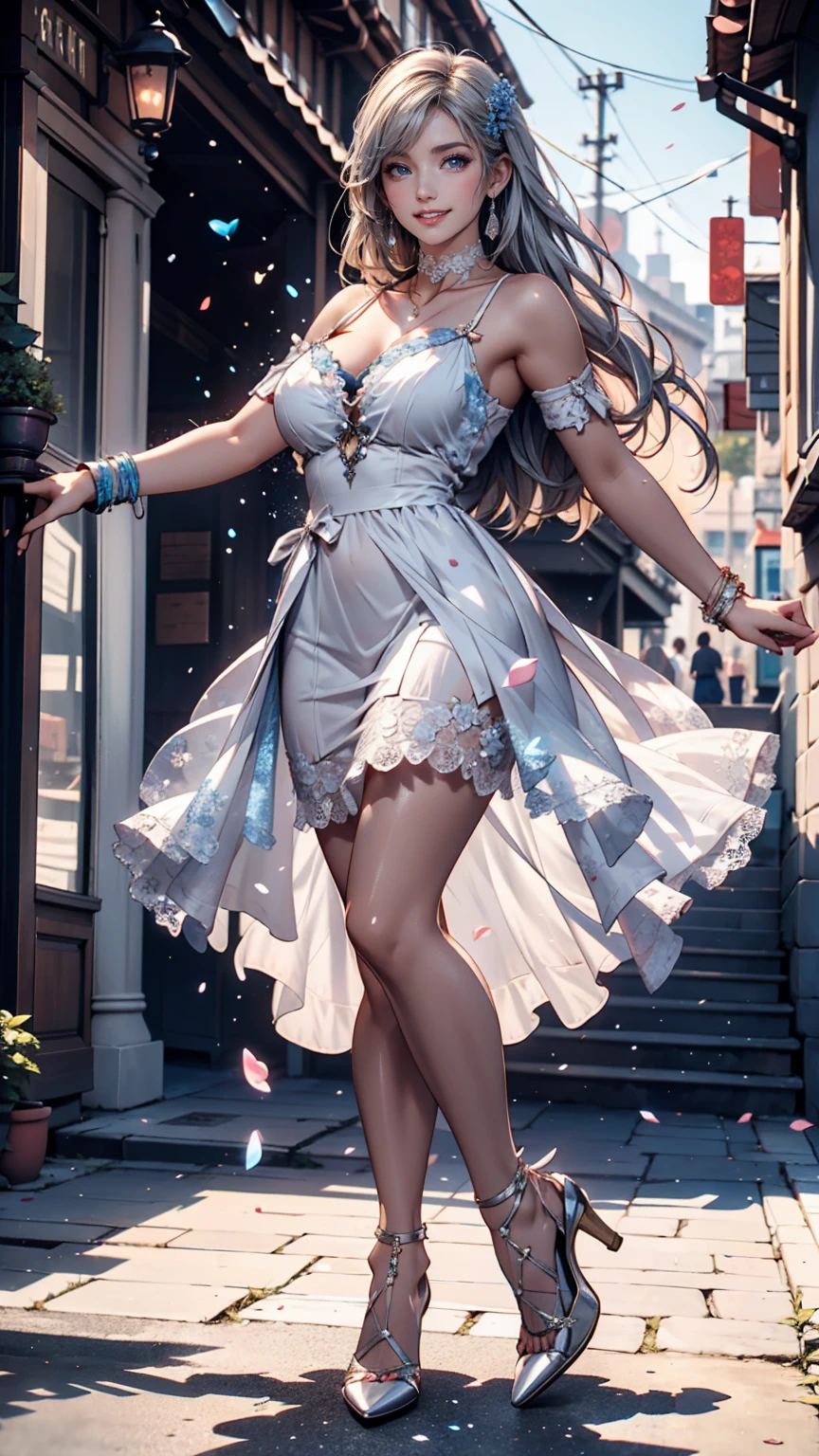 Sister wearing a mini wedding dress under the cherry blossom tree, cherry blossom petals dancing in the breeze, beautiful eyes, eye shadow, red lipstick, beautiful bride, cleavage, bare feet, masterpiece