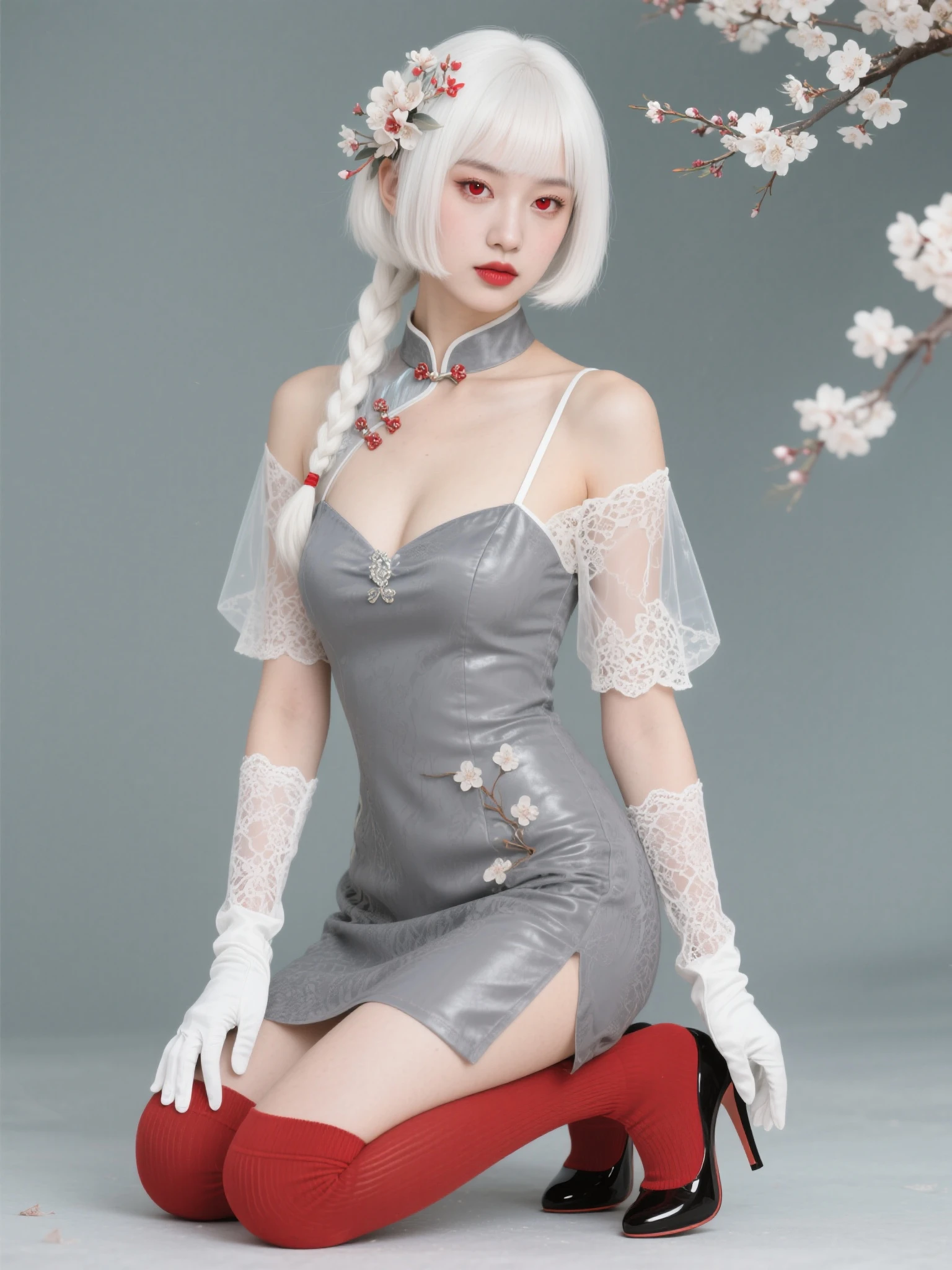 Black background,Fashion cheongsam,
nail polish,lace trim,gradient,contrapposto,cyan long dress,lace,
red lips, (full body:0.7), white thighhighs,white hair,crossed legs,