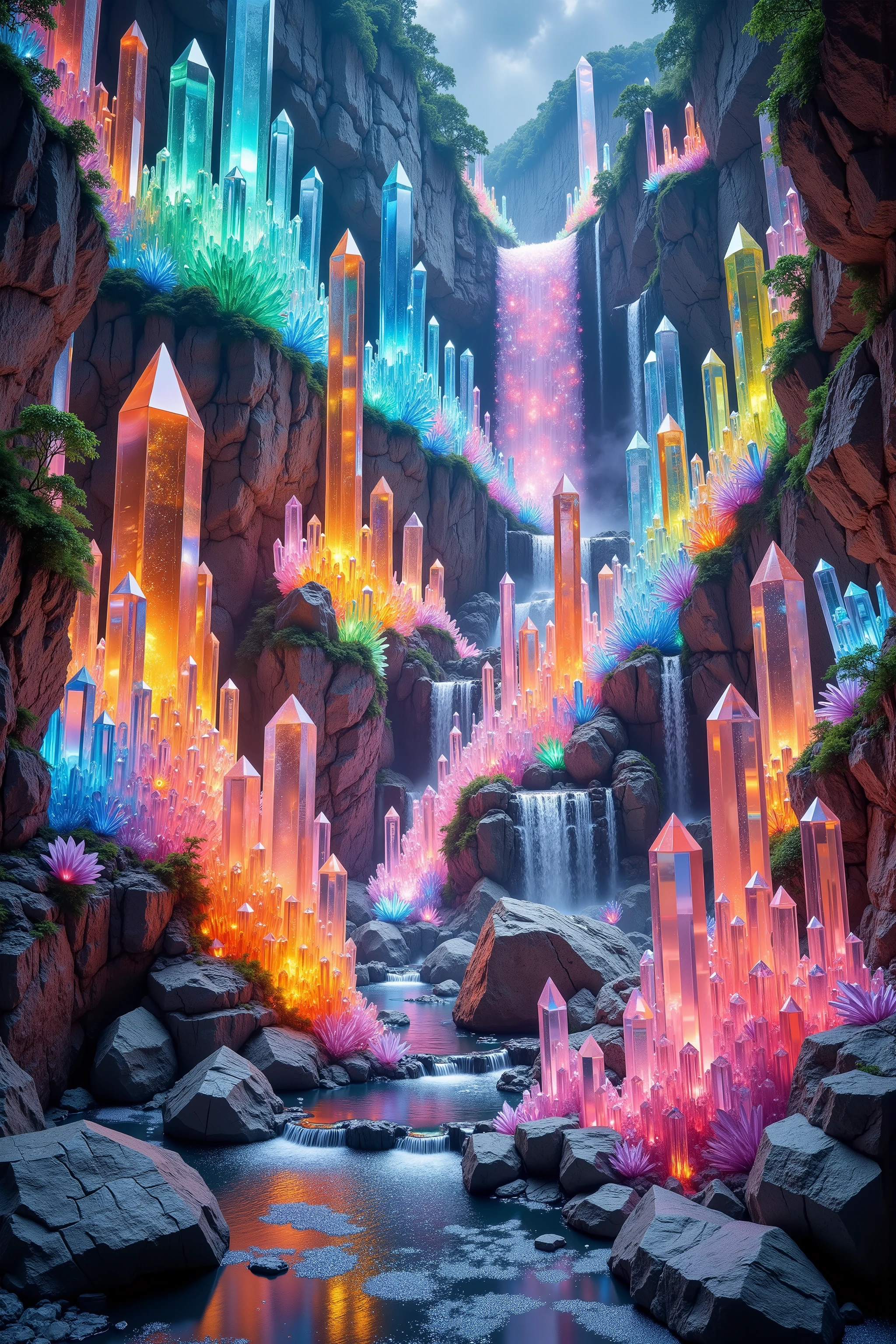 a close up of a waterfall within a waterfall and a waterfall surrounded by giant clear, colorful, quartz crystals, hot colored water geyser, magic translucent crystal stalagmites, intricate and very detailed crystal environment, colorful crystals, colourful see through 3D crystals and translucent minerals, crystal forest, colorful and translucent quartz crystal landscape, extraordinary colorful crystalscape, fantasy crystal forest with crystals instead of trees, crystal color, magical colors and atmosphere.
a close up of a waterfall with a waterfall and a waterfall surrounded by colorful crystals, magic crystal pillars colorfully, intricate rainbow environment, colorful crystals, colourful 3d crystals and gems, crystal forest, colorful ravine, extraordinary colorful landscape, fantasy crystal land, crystal clear color, magical colors and atmosphere (best quality, 4k, 8k, highres, masterpiece:1.2), photorealistic, photo-realistic:1.37), highly detailed, Ultra-realistic, photo-realistic, ultra-detailed, insane 3D realism, cinematic photography, cinematic lighting, cinematic portrait, portrait photography, cinematography, full focus, startling, stunning images, highest quality, masterpiece.