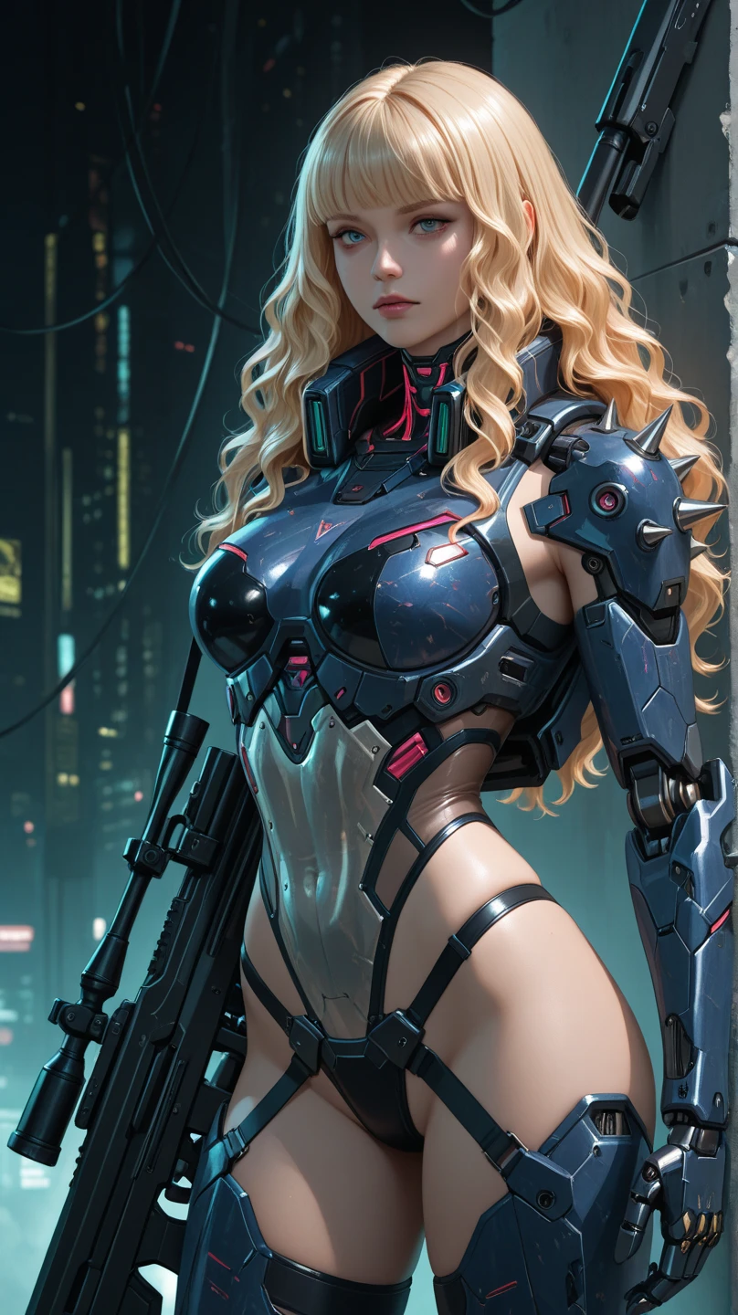 (extremely detailed, Masterpiece, The best quality), intense illumination, blonde young woman inside cyberpunk exoskeleton. neon lights, cables, industrial environment. heavy weaponry, Giant fists. claws on robotic arms.