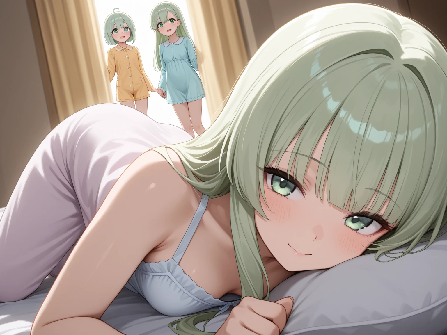 girl、sleep、open vagina、Green Hair、pussy、Lying down、You can see inside the pussy、Sleeping in bed、Leg spread、No panties、Putting her finger in her pussy、yukata、