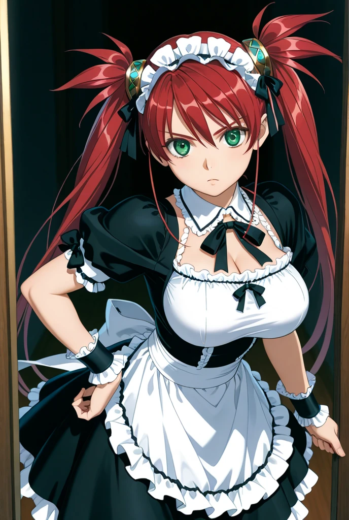 Tabletop, highest quality, Airlive 4,  Thighs Thighs Thighs, black Thighs Thighs Thighs, apron, zettai ryouiki, Maid, Maidの頭飾り, Cleavage, Wrist cuff,One girl,,(Spanning the viewer:1.4),Sweaty(,Dark basement:1.4),hypnoLora,
empty eyes