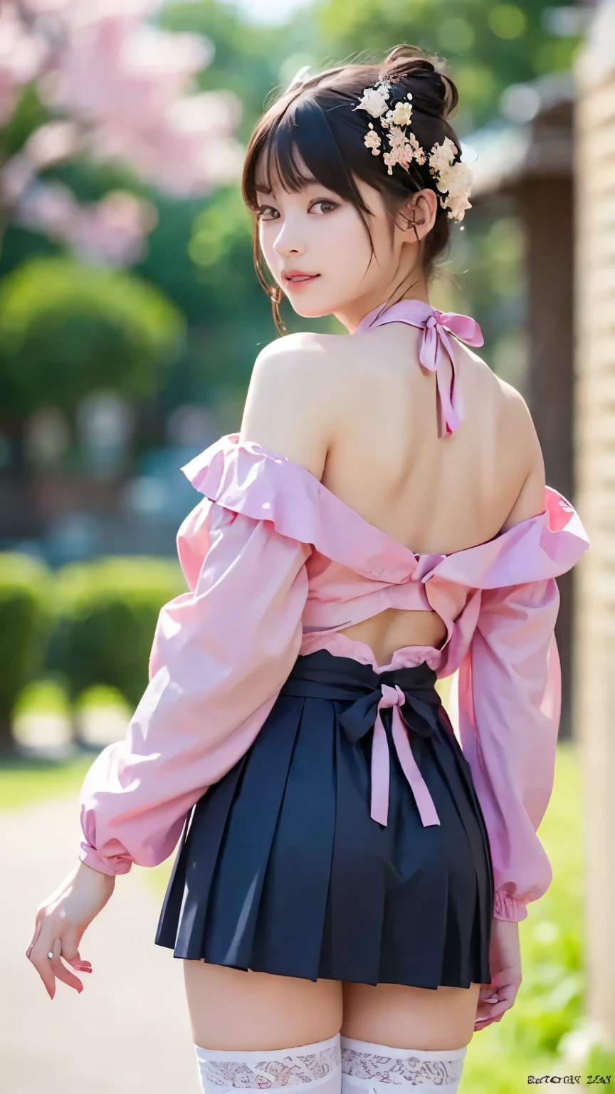 ( 8,000, Original Photo, best quality, masterpiece:1.2), High Detail RAW Color Photo, Professional photos, (realistic, photo realistic:1.37), (best quality:1.2), Movie Light, ( detailed facial details :1.2), ( masterpiece:1.5), (Fashion Magazine Cover), 1 Girl, alone, cowboy shot, waist, dark haired, black eyes
breaking
bokeh photography, (Soft Focus):1.2, {{x}}, Dreamy atmosphere, glowing circles , charming depth
breaking
The idol costume blends in with the pink floral kimono top, (pink floral kimono headdress with ribbon), fitted pink kimono top, Off-shoulder design, kimono with frills long sleeve, Extra wide flared sleeve, corset-shaped waist part with pink ribbon lace-up, (large pink bow on the back), ultra-short pleated skirt made of pink floral kimono fabric, flared A-line skirt, hem decorated with soft tulle lace, layered petticoat visible from below, (white thigh high stockings with cherry blossom pattern pink cherry blossom ribbon), pink necklace with gold microphone charm