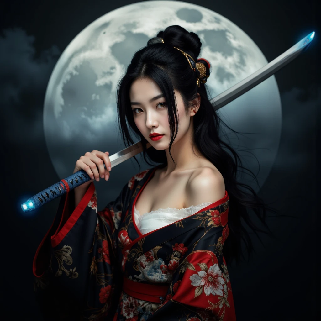 Alone woman whole body Black Hair smile Crimson Eyes Long Hair tobacco ancient China Black kimono full moon Detailed Background Highest quality masterpiece Curvy body Accurate human body Accurate 5-finger High contrast 4K Exquisite lighting and shadows Carrying a sword
