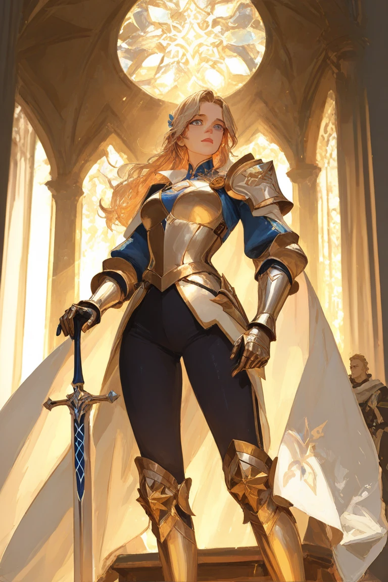 (Representative work: 1.2, best quality), realistic, (realistic, complex details, depth of field), 8k, best quality, representative work, high detail, semi realistic, 1 girl, young woman, 19 years old, golden long hair, bangs, right eye covered with hair, blue right eye, jewelry crown, palace style white and gold short skirts, golden iron boots, slim figure, sword wielding, horseback riding,