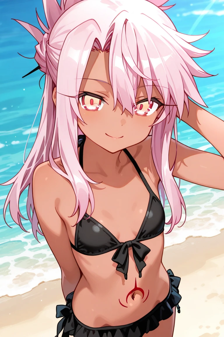 chloebase, pink hair, long hair, hair bun, hairpin, yellow eyes, dark skin, dark-skinned female, long sleeves, stomach tattoo, midriff, waist cape, 1girl, solo
high quality, solo, night sky, beach, arms behind head, contrapposto, closed mouth, spread armpits, (cowboy shot:1.5), looking at viewer, grin, best quality, game cg, anime screencap, official art, masterpiece, best quality
