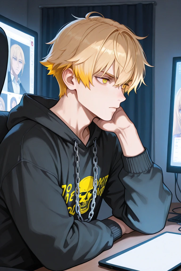 a male, with long dirty blonde hair, Blue eyes, long lashes, delicate features, spooky makeup, black gloves, and sexy black clothes. blood splatter. Absolute God.  Mysterious. midnight. Anime style. Sexy. Smirking mischievously. Red lips. Black eyeliner. With lip ring piercing.Very tight and thin black hoodie. Cover head. Shiny. Leather jeans. Dark. (((masterpiece)) ((pretty well drawn)) ((attractive features)) (excellent quality) ((lip ring piercing) Black earrings. Necklace. Sexy. Glowing colors. (Sexy pose) ((Hot male)) Ring lip piercing. Long black leather boots. sexy pose. ((Impressive)) stylish. Two hands. (Leaning against the wall and smoking a cigarette) (full body view) (Loser graffiti on the wall) (anime style) 