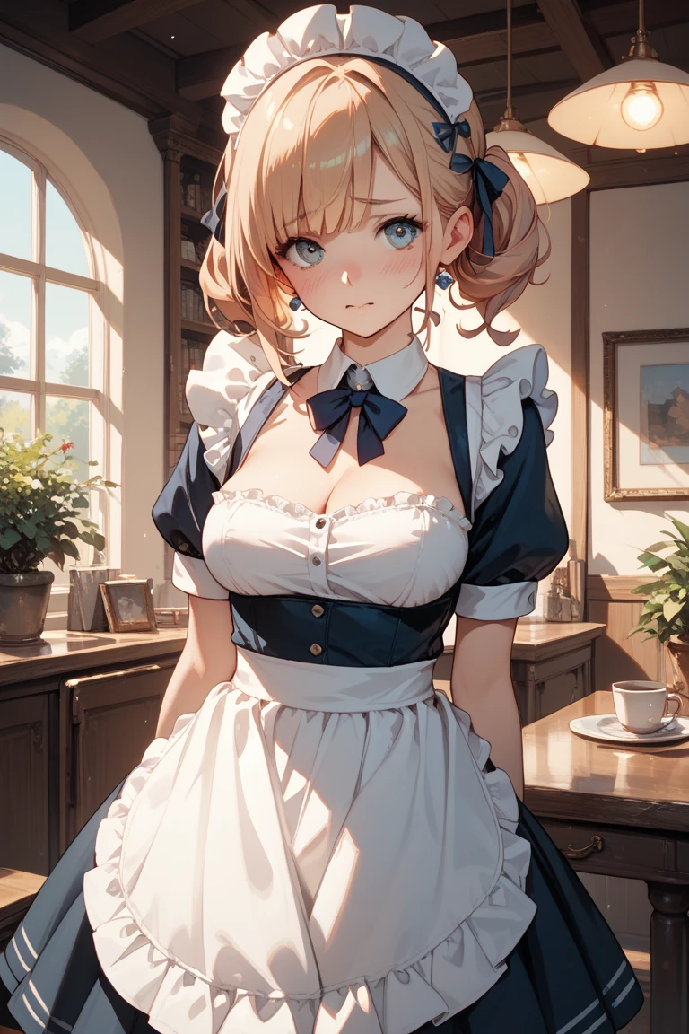Background with:A room of the Western nobility(wide々and study、bookcase、Large desk lined with historical Western antiques、Big old clock、Large houseplants、astronomical telescope、antique、Old brown globe、Stuffed deer head)。Curvaceous but slender、Fantastic hair color、ornament detached、White Maid Sailor、Separate Wear、apron、frilld、a sailor suit、maid clothes、Niso、accessorized、shairband、Muchimuchi Body、well-muscled、mole、hair adornments、shairband、Hats、Distinctive charm points、Eyebrows、Sareme、poneyTail、Muscular nose、red blush、offensive、one eye covered、sadist、Grab a weapon(katanas、Japanese Katana Sword、shotgun、spear、short knife)、plump lips、Engaging pose、Physical beauty、Black Choker、disheveled hair、Unique fashion、Depiction in motion、Healing space、soft sunlight、Combining Light and Shadow、(top-quality、hight resolution、8k、masterpiece:1.2)。complex details beautiful and delicate eyes, Smooth Anime CG Art, Detailed Digital Anime Art, official artwork, pixiv style, Detailed anime artwork, artbook artwork, Seductive Anime Girl。