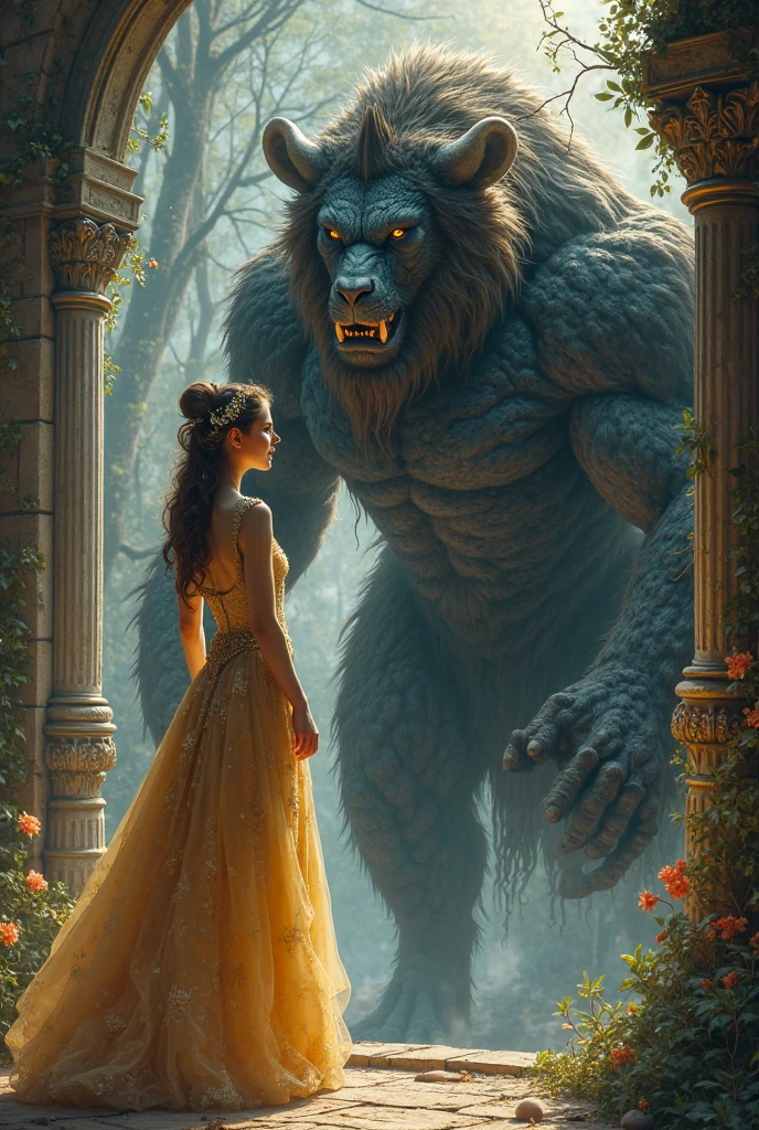 a beautiful young woman in a dark fantasy landscape, kneeling in front of a demonic monster, moonlight shining in the background, ruins and dark environment, (best quality,4k,8k,highres,masterpiece:1.2),ultra-detailed,(realistic,photorealistic,photo-realistic:1.37),dark fantasy,moonlight confession,beauty and the beast,woman kneeling before beast,big moon in background,horror,immersive ruins background,dark,dramatic lighting,chiaroscuro,cinematic composition,intricate details,dramatic shadows,moody atmosphere