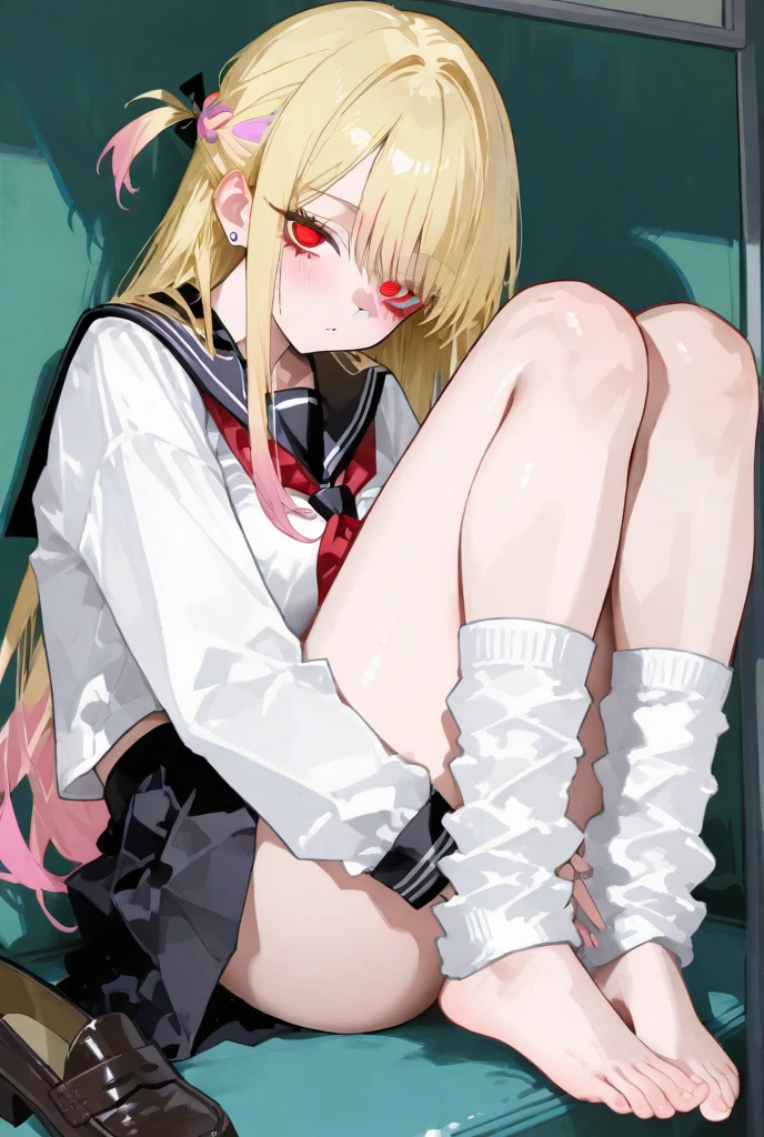 Ino yamanaka, Solo, navel, Shorts, White school uniform,Lying on a hotel bed,showing panties, (Panties in hand), Holding panties, ((POV hands))