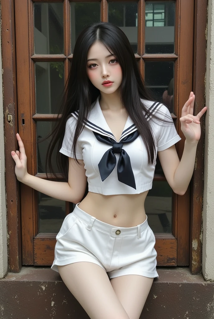 (masutepiece, Best Quality:1.2), 8K, Official art, Raw photo, unbelievable Ridiculous, (Upper body, (tight Sailor Uniform crop top sleeveless, white panties), serafuku, sitting:1.4), Beautiful Girl, Idol face, arching back down, large full breasts, (thinwaist), thighs thighs thighs thighs, Stockings、 close up, (School uniform), Short sleeve, gardenia, violaceaess, inside bus seat, Looking at Viewer, No makeup, Film grain, chromatic abberation, Sharp Focus, face lights, Dynamic lighting, Cinematic lighting, Detailed face, Bokeh background, (Dark red bow tie:1.3)
