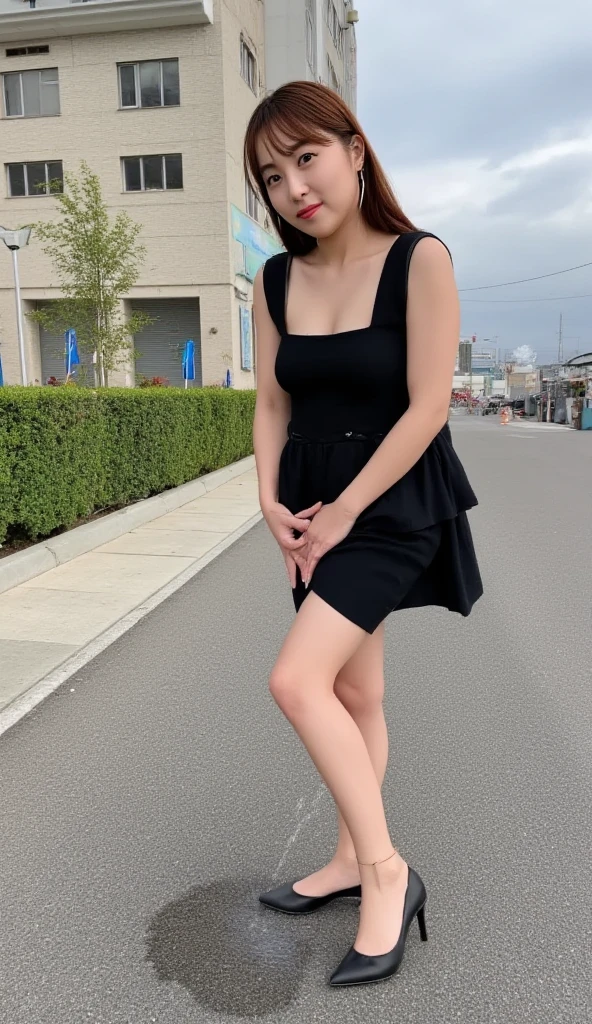 long straight hair, light brown eyes, slutty dress, white skin,