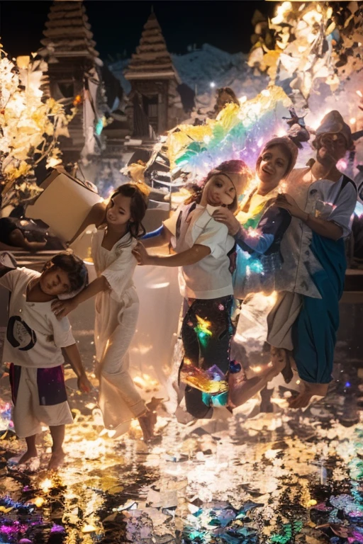 Closed and dark room, with a dim yellow light from above, with a piñata hanging in the center, On the sides a woman and two children, in the center a person hitting the piñata with a bat