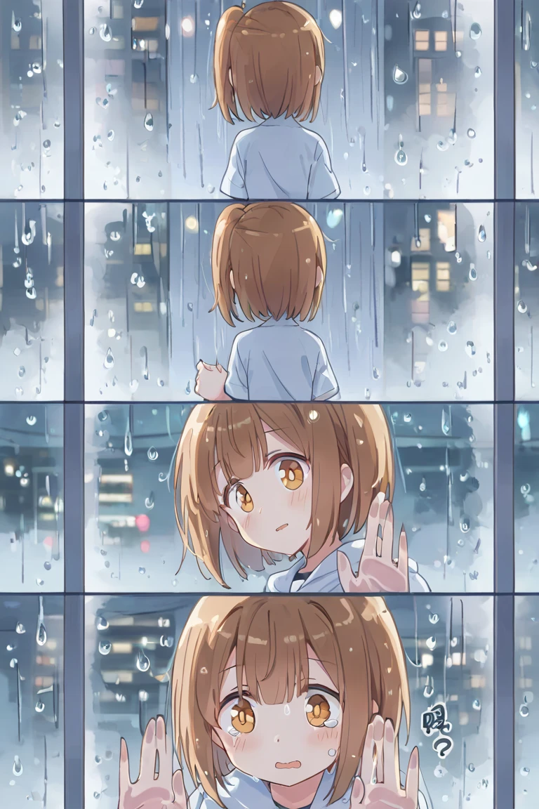 最高品質, 綺麗な陰影, a cute anime girl looking out a rainy window, tear, foggy glass with raindrops, faint finger trails on the glass, melancholy expression, shoulder-length brown hair, blurred city lights, indoor lighting, comic-style illustration, storybook atmosphere, soft color tones, medium shot, Chinese text, multiview, article