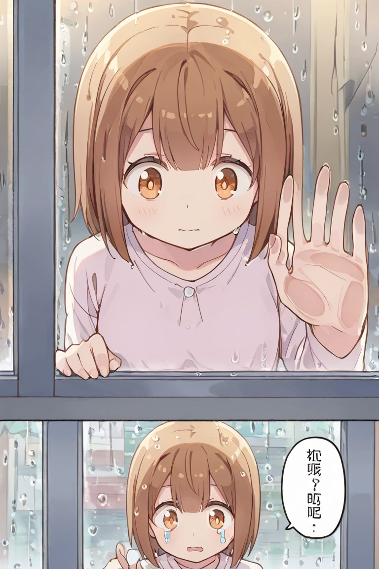 最高品質, 綺麗な陰影, a cute anime girl looking out a rainy window, tear, foggy glass with raindrops, faint finger trails on the glass, melancholy expression, shoulder-length brown hair, blurred city lights, indoor lighting, comic-style illustration, storybook atmosphere, soft color tones, medium shot, Chinese text, multiview, article