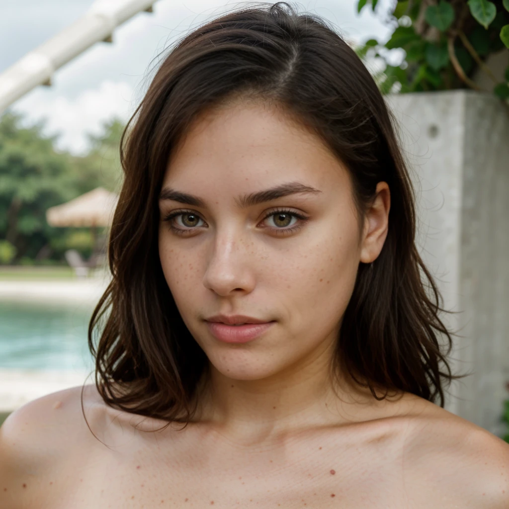 Best quality, masterpiece, super high resolution, a super model soaking in a hot spring in Japan, outdoor hot spring, stone hot spring, surrounded by moss and trees, super beautiful face, pure body, clear pores visible, (smile:0.8), wearing split (lace bandeau:1.2), (realism:1.5), original photo, soaked body, covered in sweat, bare shoulders, in the dark, deep shadows, low-key, cold light