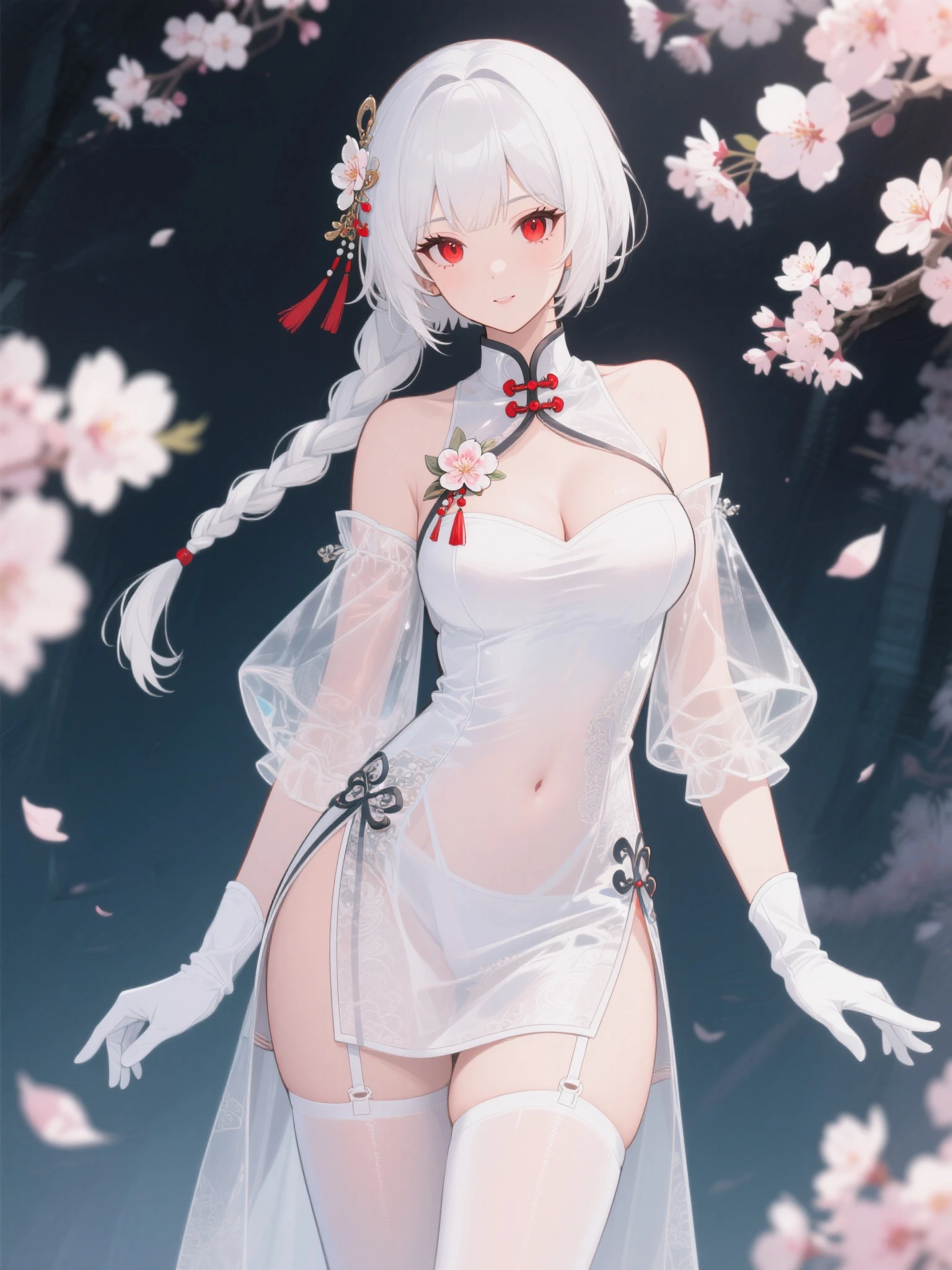 Masterpiece, Best quality,The upper part of the body,Masterpiece,From the side Side,see-through transparent clothes,arms back behind ,A high resolution,Close up, Chinese erotic clothing,Chinese erotic dress,Shorts,skin indentation, Sunlight,long whitr hair, station,SideBraid,Single braid,Pink eyes, Eyes visible through hair,closing the mouth,eye shadows,Messy hair,with white hair,Smile,thigh band,hair adornments,Earrings,leg loops, arm belt,see-through sleeves