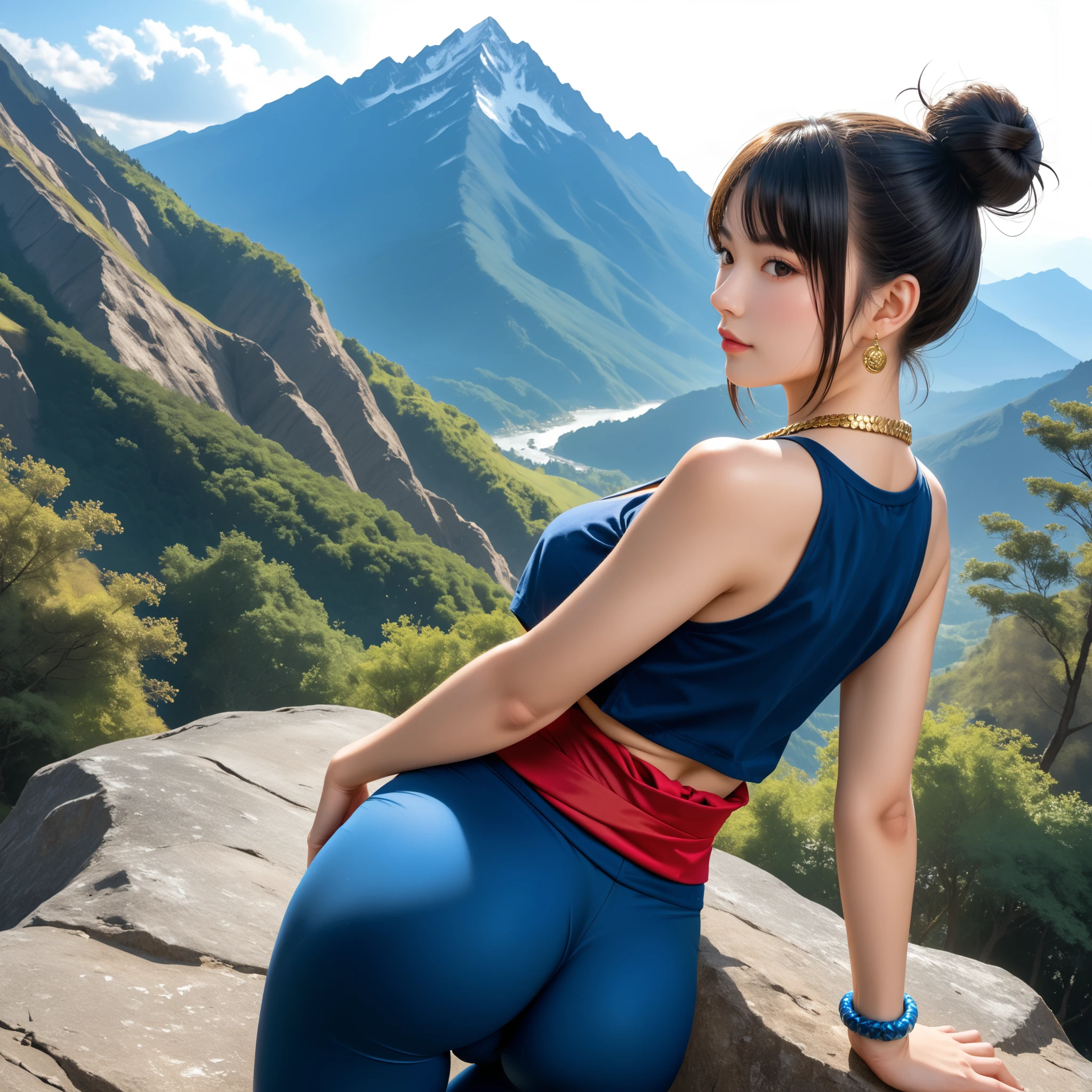 score_9, asian martial artist, beautiful asian woman, tan skin, black eyes, black hair in a high bun, left and right side highlights, dark blue sleeveless crop top, cleavage on the breasts, underboob showing, dark blue leggings, red sash with gold details tied on one side at the waist, dark blue bracelets on the right arm, blue circular necklace with gold pendant, narrow and steep path on a mountain, trees on the sides, heading to paradise, very bright place, white environment, blinding light, blinding light on the whole mountain, heaven, rear view, ass, dynamic angle, absurd, realistic, high quality, detailed
