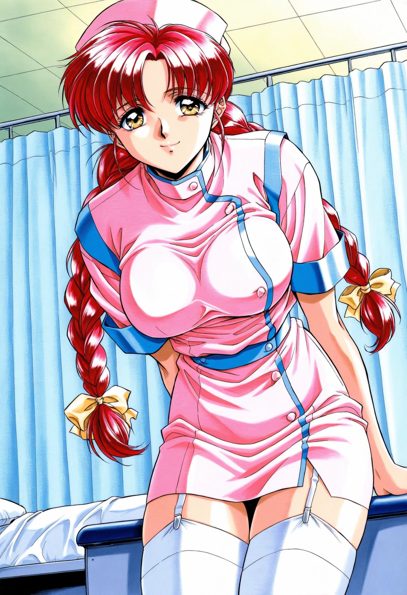 Score_9, score_8_up, score_7_up, source_anime, Makino_Rie(Nonomura_Hospital_PC98), 1girl, solo, red hair, twin braids, yellow eyes, bangs, large breasts, (best quality), (high quality), {masterpiece}, extremely delicate and beautiful, ultra-detailed, beautiful detailed eyes, nurse, nurse cap, hat, white thighhighs, 1990s (style), hospital room, smile, closed mouth, standing
