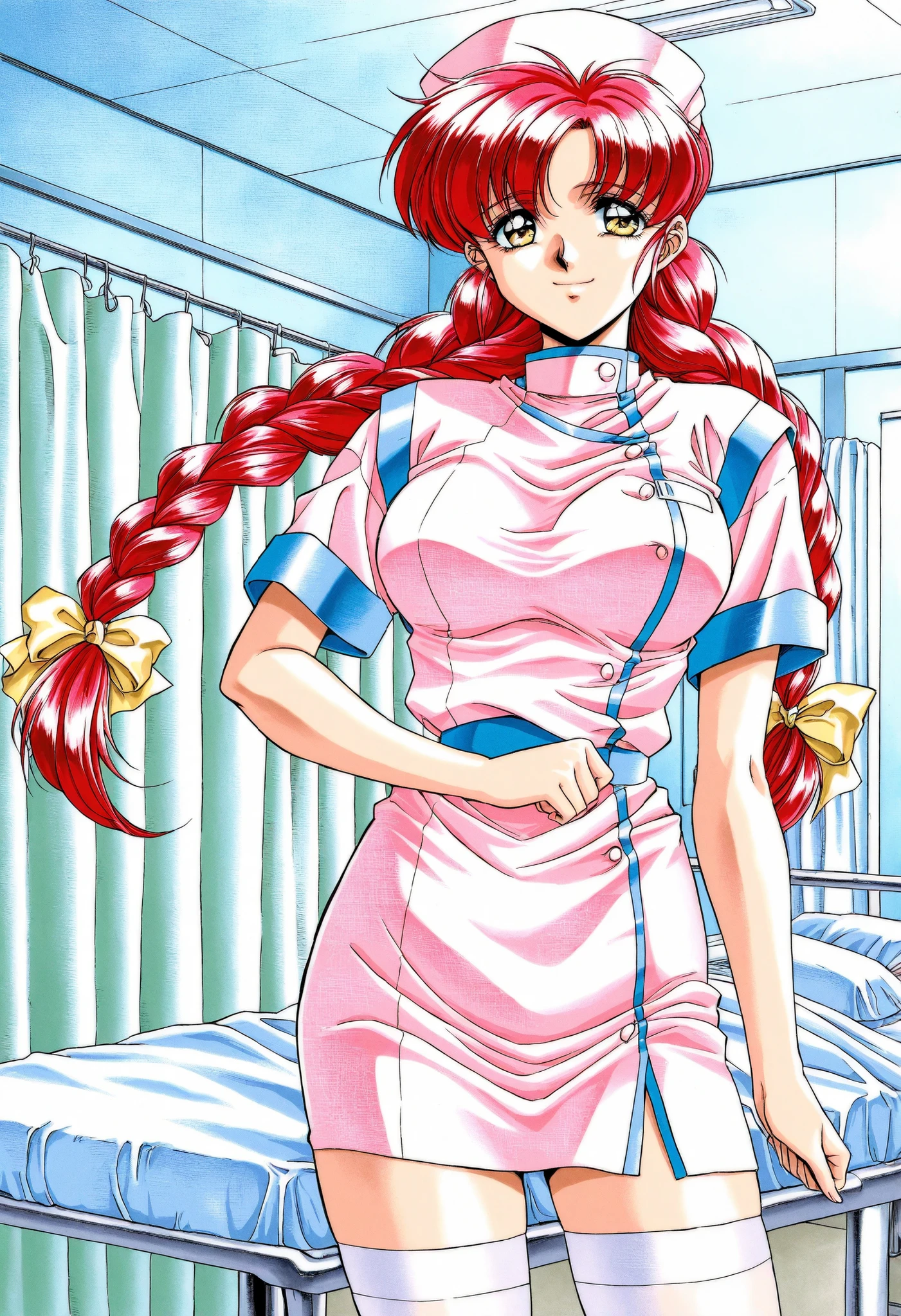 Score_9, score_8_up, score_7_up, source_anime, Makino_Rie(Nonomura_Hospital_PC98), 1girl, solo, red hair, twin braids, yellow eyes, bangs, large breasts, (best quality), (high quality), {masterpiece}, extremely delicate and beautiful, ultra-detailed, beautiful detailed eyes, nurse, nurse cap, hat, white thighhighs, 1990s (style), hospital room, smile, closed mouth, standing