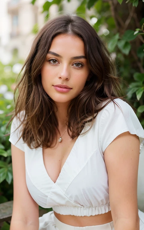 1 femme, Long Wavy dark brown Hair, dark brown eyes, nature, top, jupe courte, italie, medium brests