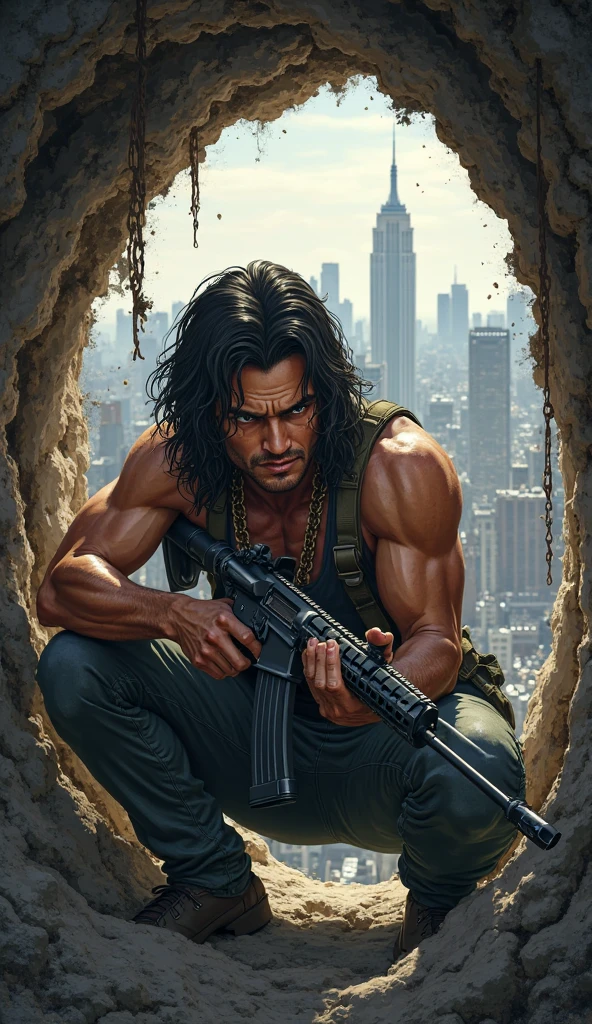 Bare-chested man with long hair being pointed at with a revolver in a comic drawing