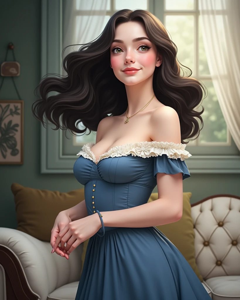 Balerina Gracefully Dancing, Honey Brown Hair, Very Long Hair, Chignon, Crop Top. Leaning-Over-Table, Messy Hair, Pale Skin, Red Lips, Skirt Wth Woodcut Patterns, Crop Top Wth Blue Rosemaled Designs. Midriff, Wide Smile, Eyes Detailed & Wide,Dynamic Pose. Ultra HD, Rococo-Inspired Fantasy Art With Intricate Details. Cute, Charming Expression, Alluring-Gaze, Beautiful Eyes, An-Ideal-Figure. Large Youthful Well-Shaped-Bosom, Attractive-Hind-Quarters. Massive-Round-Bosom, turning. Full Length Side Profile. Digital Painting, Intricate Details Scarlett Johanson. Alison Brie & Selena Gomez